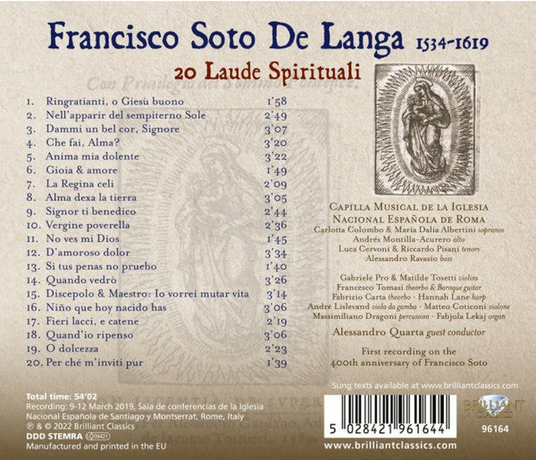 Soto de Langa, Capilla Musical De La Iglesia Nacional Espangñola Da Roma, Alessandro Quarta : 20 Laude Spirituale (CD)