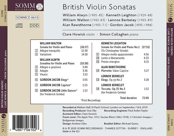 Sir William Walton, William Alwyn, Kenneth Leighton, Lennox Berkeley, Alan Rawsthorne, Gordon Jacob, Clare Howick, Simon Callaghan : British Violin Sonatas (CD, Album)