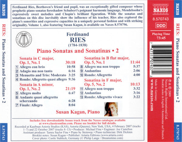 Ferdinand Ries, Susan Kagan : Piano Sonatas And Sonatinas • 2 (CD, Album)