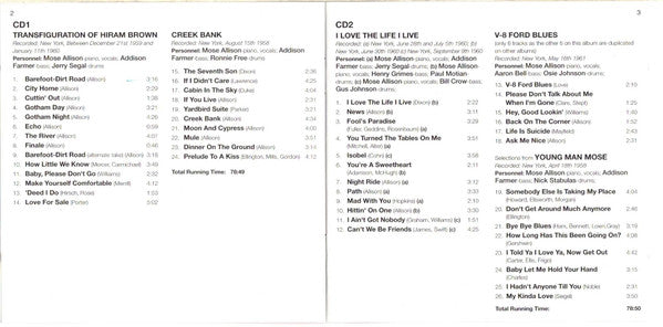 Mose Allison : Transfiguration Of Hiram Brown; Creek Bank; I Love The Life I Live; V-8 Ford Blues; Young Man Mose (2xCD, Comp)