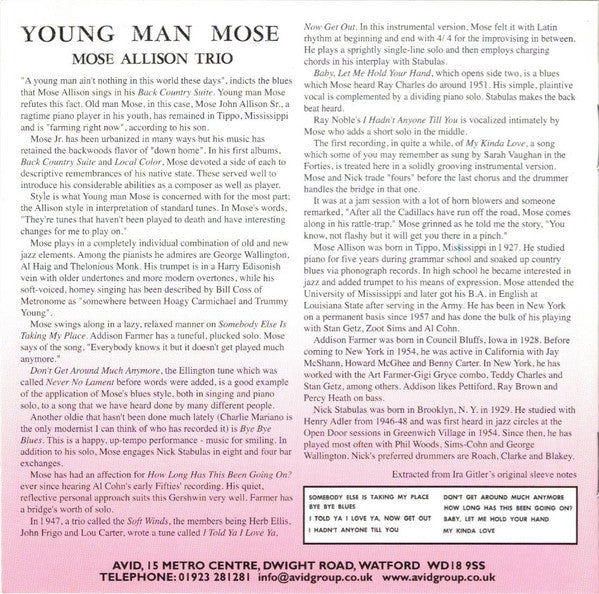 Mose Allison : Transfiguration Of Hiram Brown; Creek Bank; I Love The Life I Live; V-8 Ford Blues; Young Man Mose (2xCD, Comp)