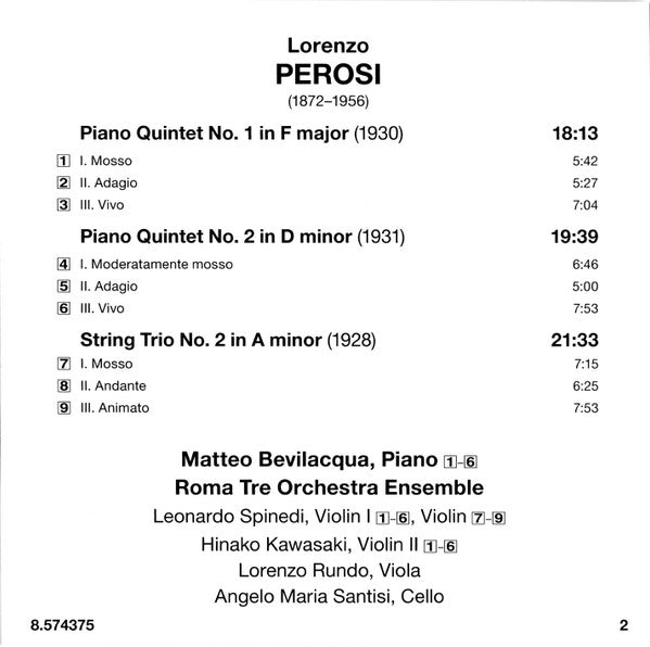 Lorenzo Perosi, Matteo Bevilacqua, Roma Tre Orchestra : Piano Quintets Nos. 1 And 2 • String Trio No. 2 (CD, Album)