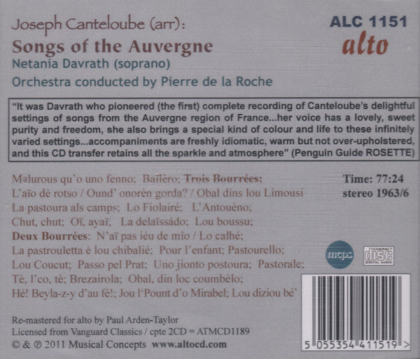 Joseph Canteloube, Netania Davrath : Songs Of The Auvergne (CD, Album)