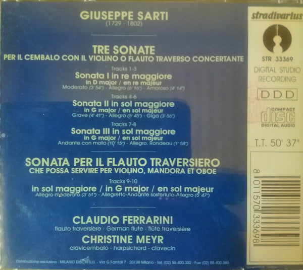 Giuseppe Sarti - Claudio Ferrarini, Christine Meyr : Quattro Sonate A Flauto Traversiero E Cembalo (CD, Album)