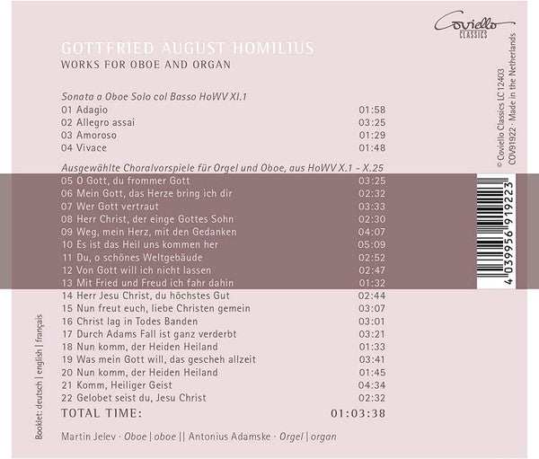 Gottfried August Homilius - Martin Jelev, Antonius Adamske : Works For Oboe And Organ (CD, Album)