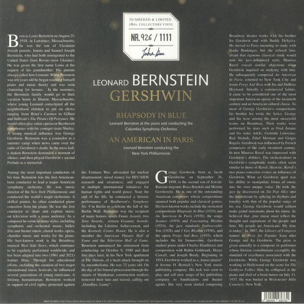 George Gershwin - Leonard Bernstein, Columbia Symphony Orchestra, New York Philharmonic : Leonard Bernstein - Gershwin (LP, Album, Ltd, Num, RE, Gol)