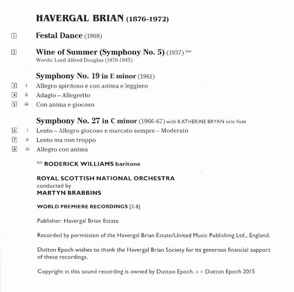 Havergal Brian, Roderick Williams (3), Royal Scottish National Orchestra, Martyn Brabbins : Symphony No. 5 "Wine Of Summer" / Symphony No. 19 / Symphony No. 27 / Festival Dance (SACD, Hybrid)