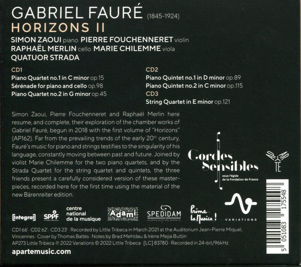 Gabriel Fauré, Simon Zaoui, Pierre Fouchenneret, Raphaël Merlin, Marie Chilemme, Quatuor Strada : Horizons II (3xCD, Album, Dig)