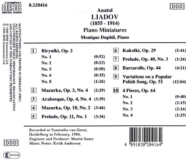 Anatoly Liadov - Monique Duphil : Piano Miniatures (CD, RE)