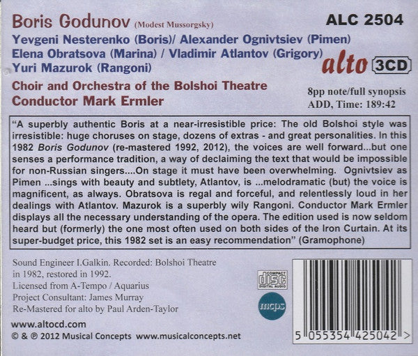 Modest Mussorgsky – Evgeny Nesterenko • Aleksander Ognivtsev • Elena Obraztsova • Vladimir Atlantov • Yuri Mazurok / Chorus Of The Bolshoi Theatre & Bolshoi Theatre Orchestra • Mark Ermler : Boris Godunov (3xCD, Album, RE, RM)
