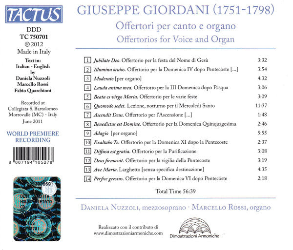 Giuseppe Giordani : Offertorios For Voice And Organ (CD)