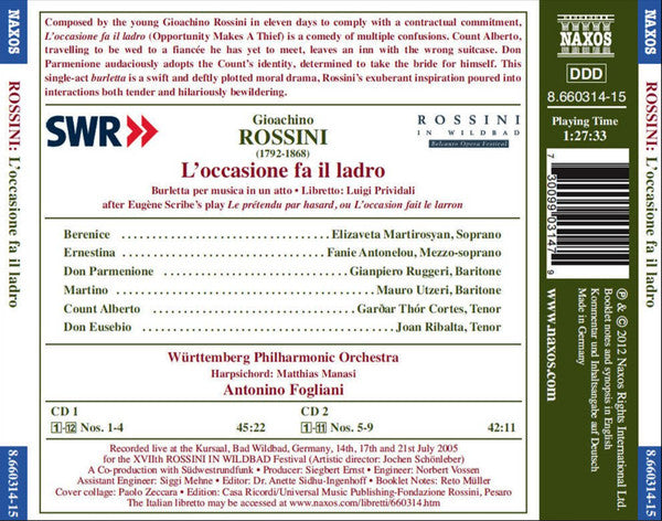 Gioacchino Rossini - Elisaveta Martirosyan, Φανή Αντωνέλου, Gianpiero Ruggeri, Mauro Utzeri, Garðar Thór Cortes, Joan Ribalta, Württembergische Philharmonie Reutlingen, Antonino Fogliani : L'occasione Fa Il Ladro (2xCD, Album)
