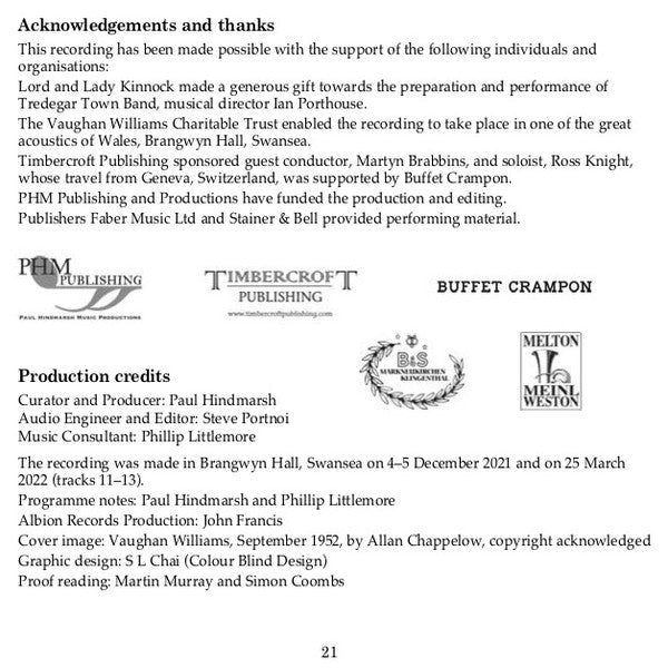 Ralph Vaughan Williams  –  Tredegar Town Band, Ian Porthouse, Martyn Brabbins, Ross Knight (2) : Vaughan Williams On Brass (CD)