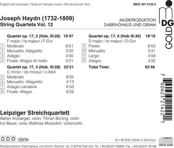 Joseph Haydn, Leipziger Streichquartett : String Quartets Vol. 12: Op. 17 No. 2, 4, 6 (CD, Album)