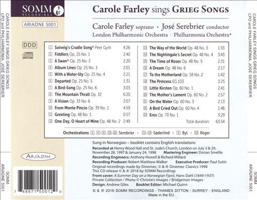 Carole Farley, London Philharmonic Orchestra / Philharmonia Orchestra, Jose Serebrier : Carole Farley Sings Grieg Songs (CD, Album, RE, RM)