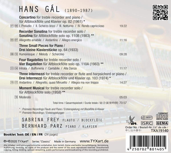 Hans Gal, Sabrina Frey, Bernhard Parz : First Complete Recordings For Flauto And Piano (CD, Album)