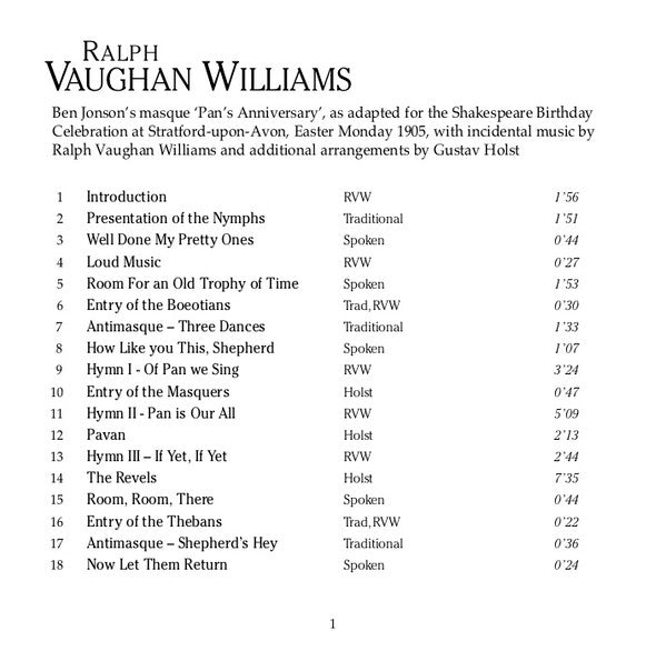 Ralph Vaughan Williams  –  Timothy West, Samuel West, Mary Bevan, Sophie Bevan, Jessica Dandy, Johnny Herford, The Choir Of Clare College, Britten Sinfonia, William Vann : Pan's Anniversary / Tallis Fantasia (CD)