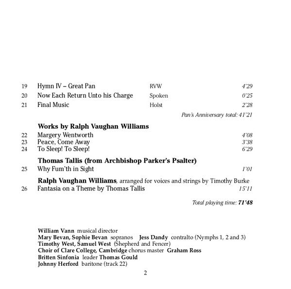 Ralph Vaughan Williams  –  Timothy West, Samuel West, Mary Bevan, Sophie Bevan, Jessica Dandy, Johnny Herford, The Choir Of Clare College, Britten Sinfonia, William Vann : Pan's Anniversary / Tallis Fantasia (CD)