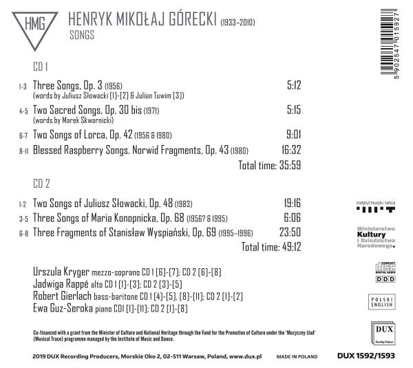 Henryk Górecki, Urszula Kryger, Jadwiga Rappé, Robert Gierlach, Ewa Guz-Seroka : Songs (2xCD, Album)