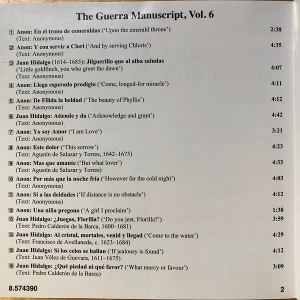Anonymous, Juan Hidalgo (3)  / Lidia Vinyes Curtis, Ars Atlántica, Manuel Vilas : The Guerra Manuscript, Volume 6: 17th Century Secular Spanish Vocal Music (CD, Album)
