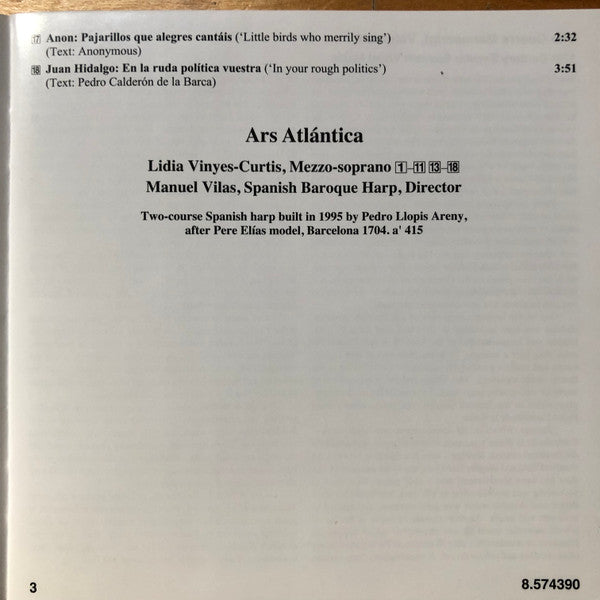 Anonymous, Juan Hidalgo (3)  / Lidia Vinyes Curtis, Ars Atlántica, Manuel Vilas : The Guerra Manuscript, Volume 6: 17th Century Secular Spanish Vocal Music (CD, Album)