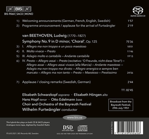 Beethoven* / Schwarzkopf*, Höngen*, Hopf*, Edelmann*, Chor* And Orchestra Of The Bayreuth Festival*, Wilhelm Furtwängler : Symphonie No. 9 (SACD, Hybrid, Multichannel, Album, Mono, RE, DSD)