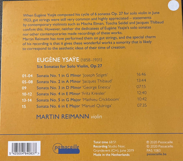 Eugène Ysaÿe, Martin Reimann : Six Sonates (CD, Album)