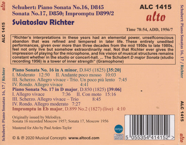 Franz Schubert, Sviatoslav Richter : Piano Sonatas Nos.16 & 17: D845, 850, Impromptu D899/2  (CD)