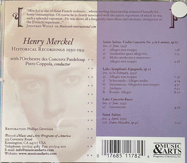 Henry Merckel, Édouard Lalo, Camille Saint-Saëns : Symphonie Espagnole / Violin Concerto No. 3  / Celebrated Historical Recordings (CD, Comp)