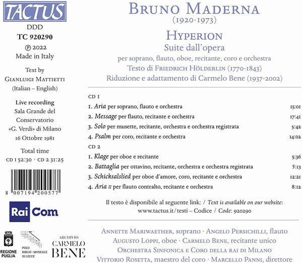 Bruno Maderna - Carmelo Bene, Annette Meriweather, Angelo Persichilli, Augusto Loppi, Orchestra Sinfonica Di Milano Della RAI, Coro Di Milano Della RAI, Marcello Panni : Hyperion  (2xCD, Album)