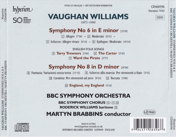 Ralph Vaughan Williams, Martyn Brabbins, BBC Symphony Orchestra, Roderick Williams (3) : Symphonies Nos 6 & 8 (CD, Album)