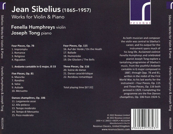 Jean Sibelius, Fenella Humphreys, Joseph Tong : Works For Violin & Piano (CD, Album)