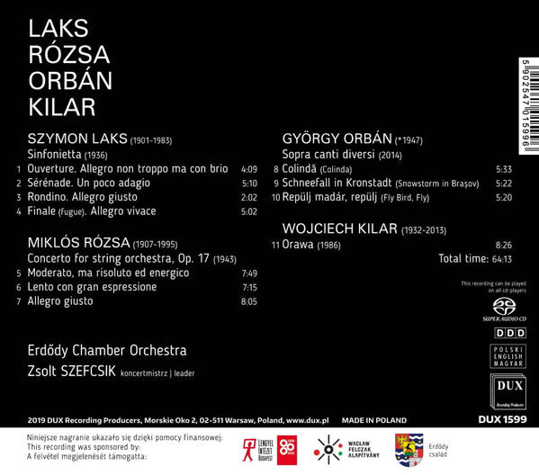 Szymon Laks, Miklós Rózsa, György Orbán, Wojciech Kilar, Erdődy Kamarazenekar, Szefcsik Zsolt : Laks, Rózsa, Orbán, Kilar (SACD)
