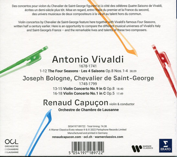 Renaud Capuçon, Antonio Vivaldi, Joseph Boulogne, Chevalier De Saint-Georges : Les 4 Saisons / Concertos (CD, Album)
