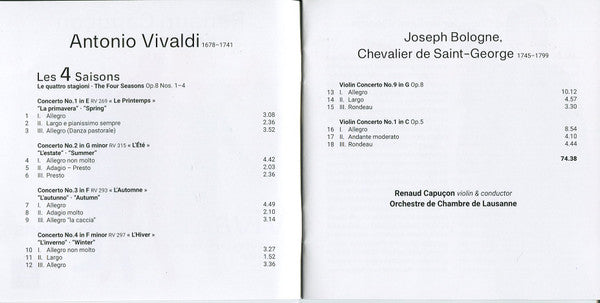 Renaud Capuçon, Antonio Vivaldi, Joseph Boulogne, Chevalier De Saint-Georges : Les 4 Saisons / Concertos (CD, Album)