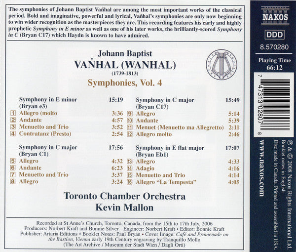 Johann Baptist Vanhal, Kevin Mallon, Toronto Chamber Orchestra : Symphonies, Vol. 4 (CD, Album)