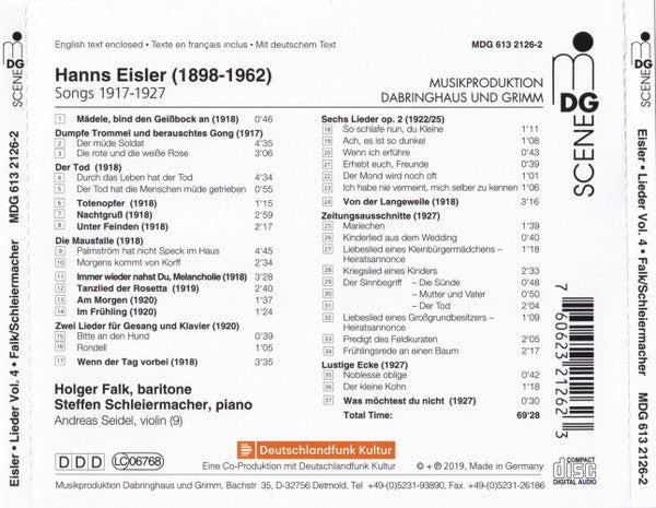 Hanns Eisler, Holger Falk, Steffen Schleiermacher : Lieder Vol. 4 (CD)