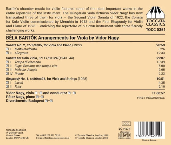 Béla Bartók - Vidor Nagy, Péter Nagy (2), Divertimento Budapest : Bartók By Arrangement (Music For Viola) (CD, Album)