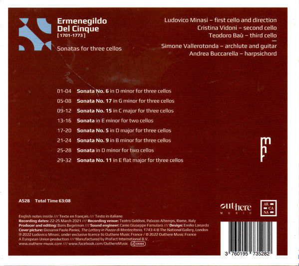 Ermenegildo Del Cinque (2) - Ludovico Minasi, Cristina Vidoni, Teodoro Baù, Simone Vallerotonda, Andrea Buccarella : Sonatas For Three Cellos (CD, Album)