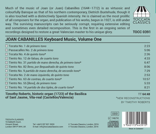 Juan Cabanilles - Timothy Roberts : Keyboard Music, Volume One: Eleven Organ Pieces (CD, Album)