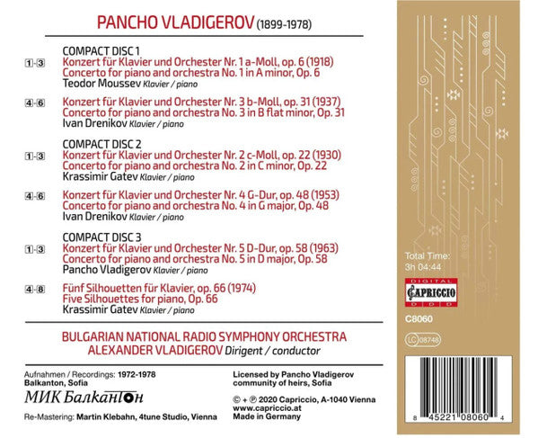 Pancho Vladigerov, Teodor Moussev, Ivan Drenikov, Krassimir Gatev, Bulgarian Radio Symphony Orchestra, Alexander Vladigerov : The Piano Concertos Nos. 1-5 (3xCD, Comp, Mono, RM + Box)