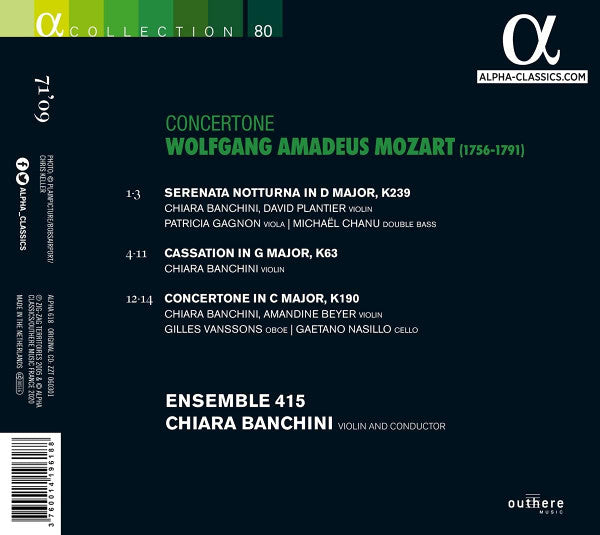 Wolfgang Amadeus Mozart, Chiara Banchini, Ensemble 415 : Concertone (CD, Album, RE)