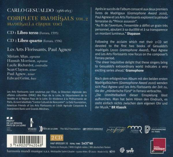 Carlo Gesualdo, Les Arts Florissants, Paul Agnew (2) : Madrigali - Libri Terzo & Quatro (2xCD)