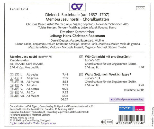 Dieterich Buxtehude – Dresdner Kammerchor, Hans-Christoph Rademann : Membra Jesu Nostri (CD)