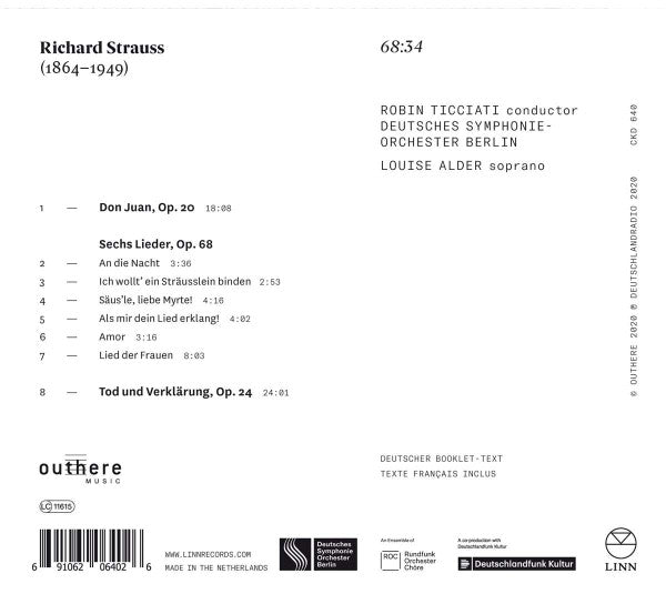 Richard Strauss, Robin Ticciati, Deutsches Symphonie-Orchester Berlin, Louise Alder : Tod Und Verklärung; Don Juan; Sechs Lieder, Op. 68 (CD, Album)