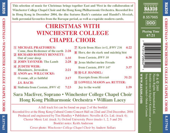The Choir Of Winchester College Chapel, Sara Macliver, Hong Kong Philharmonic Orchestra, William Lacey (3) : Christmas With Winchester College Chapel Choir (CD)