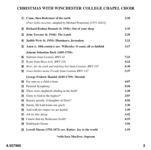 The Choir Of Winchester College Chapel, Sara Macliver, Hong Kong Philharmonic Orchestra, William Lacey (3) : Christmas With Winchester College Chapel Choir (CD)