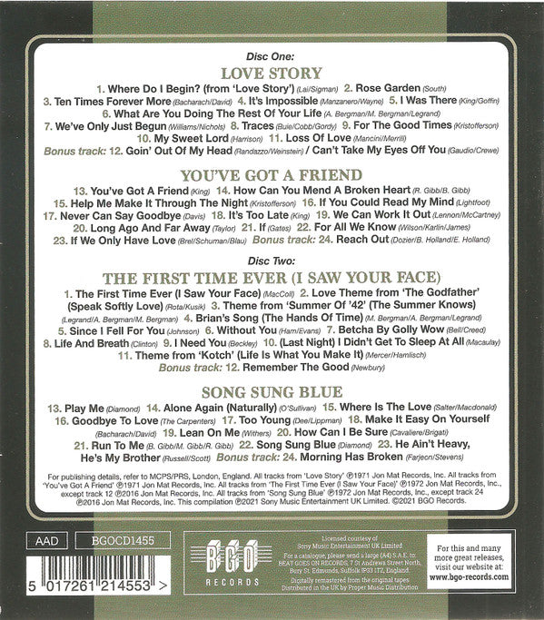 Johnny Mathis : Love Story/You've Got A Friend/The First Time Ever (I Saw Your Face)/Song Sung Blue (2xCD, Album, Comp, RM, Fou)