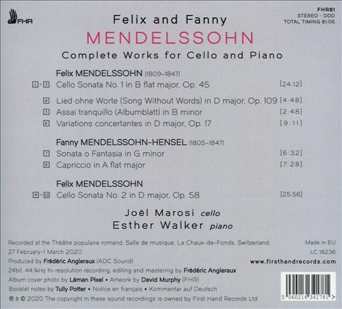Joel Marosi, Esther Walker (2) : Felix And Fanny Mendelssohn: Complete Works For Cello And Piano (CD, Album)