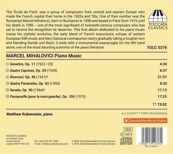 Marcel Mihalovici, Matthew Rubenstein : Piano Music (CD, Album)